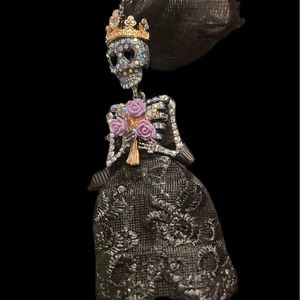 Betsey Johnson Long Witch Skeleton Necklace with Purple Bouquet- Halloween Vibe